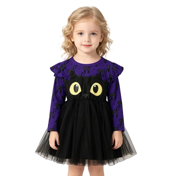 XEGLSBU Toddler Girls Dresses Long Sleeve Cartoon Halloween Prints Mesh Dress Outfits Dark Purple Size 12-18 Months