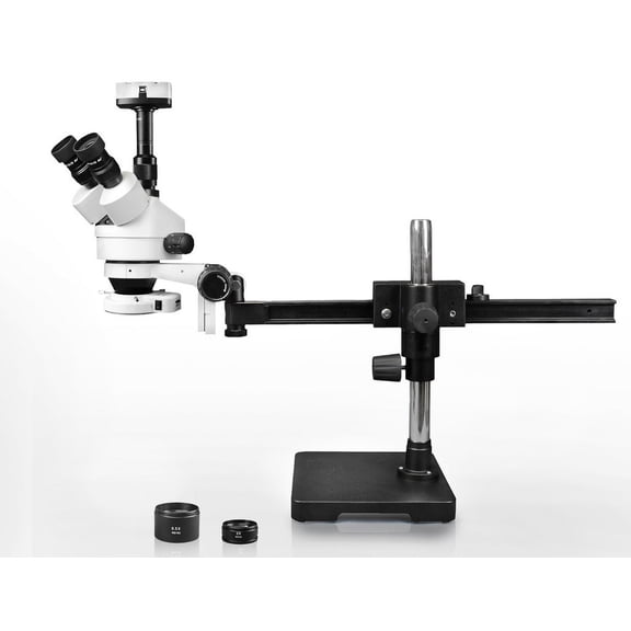 Vision Scientific Trinocular Zoom Stereo Microscope, 10x WF Eyepiece, 3.5x90x Magnification, 0.5x & 2x Aux Lens, Gliding Arm Boom Stand, 144-LED Ring Light with Control, 5.0MP Digital Eyepiece Camera