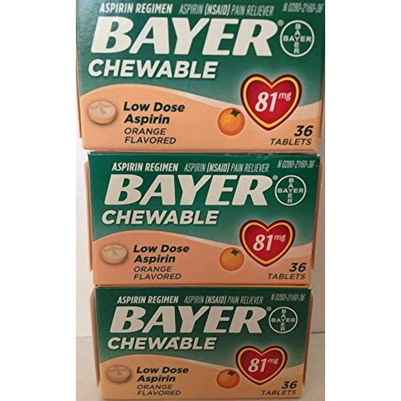 Bayer Chewable Low Dose Aspirin, 81 mg Tablets, Orange 36 ea (Pack of 3)