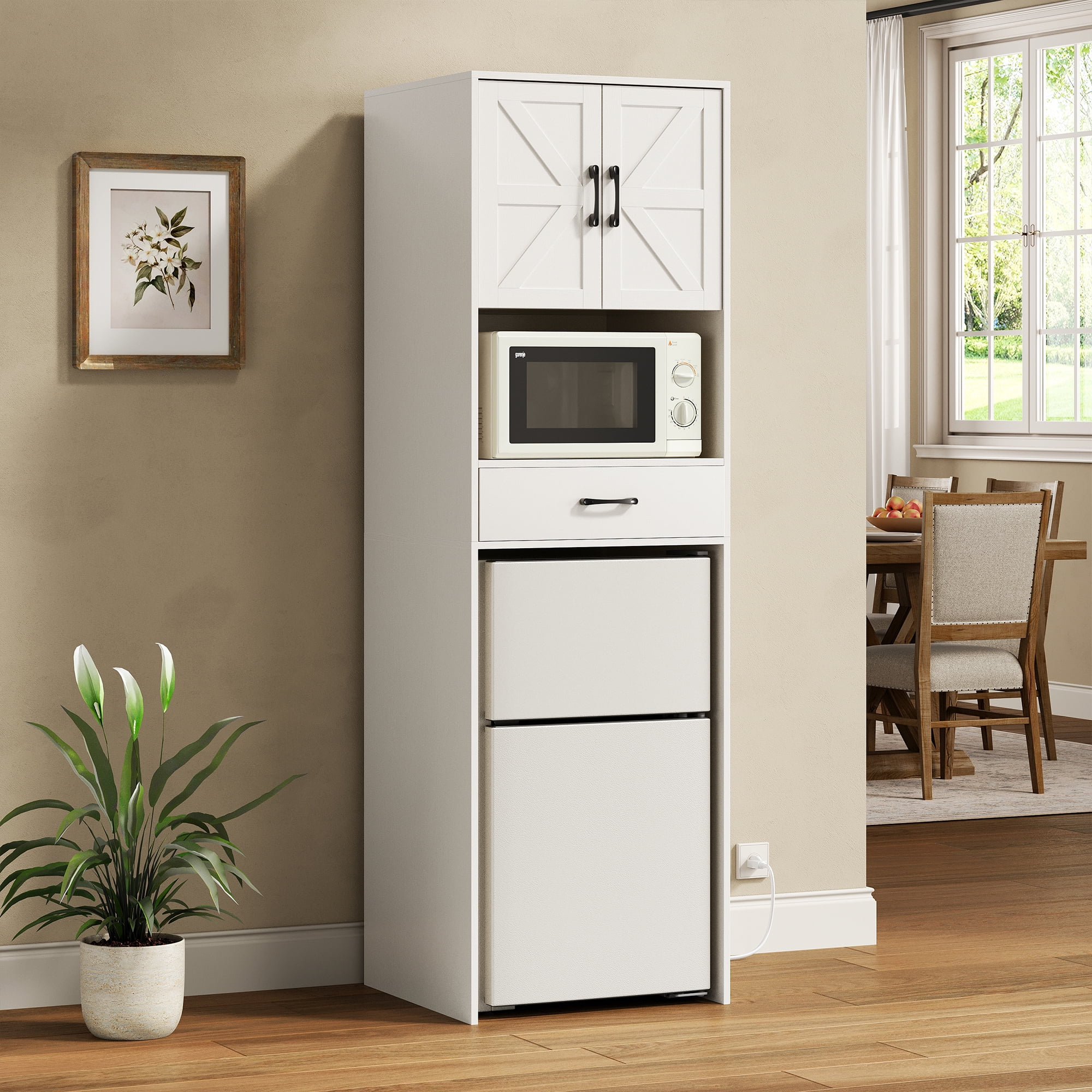 Herture Mini Fridge Stand with Storage and Power Outlet, Coffee Bar Cabinet with Microwave Shelf, – Fits Most Mini Fridges and Wine Coolers, for Dorm, Kitchen, or Office White KH03MRW