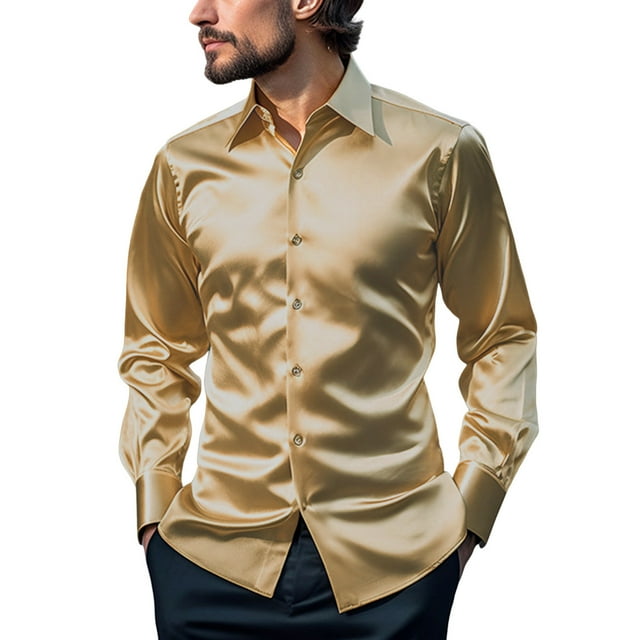 Camisas Para Hombre Manga Larga Camisa de manga larga con solapa de color sólido y a la moda informal para hombre (Yellow, S)