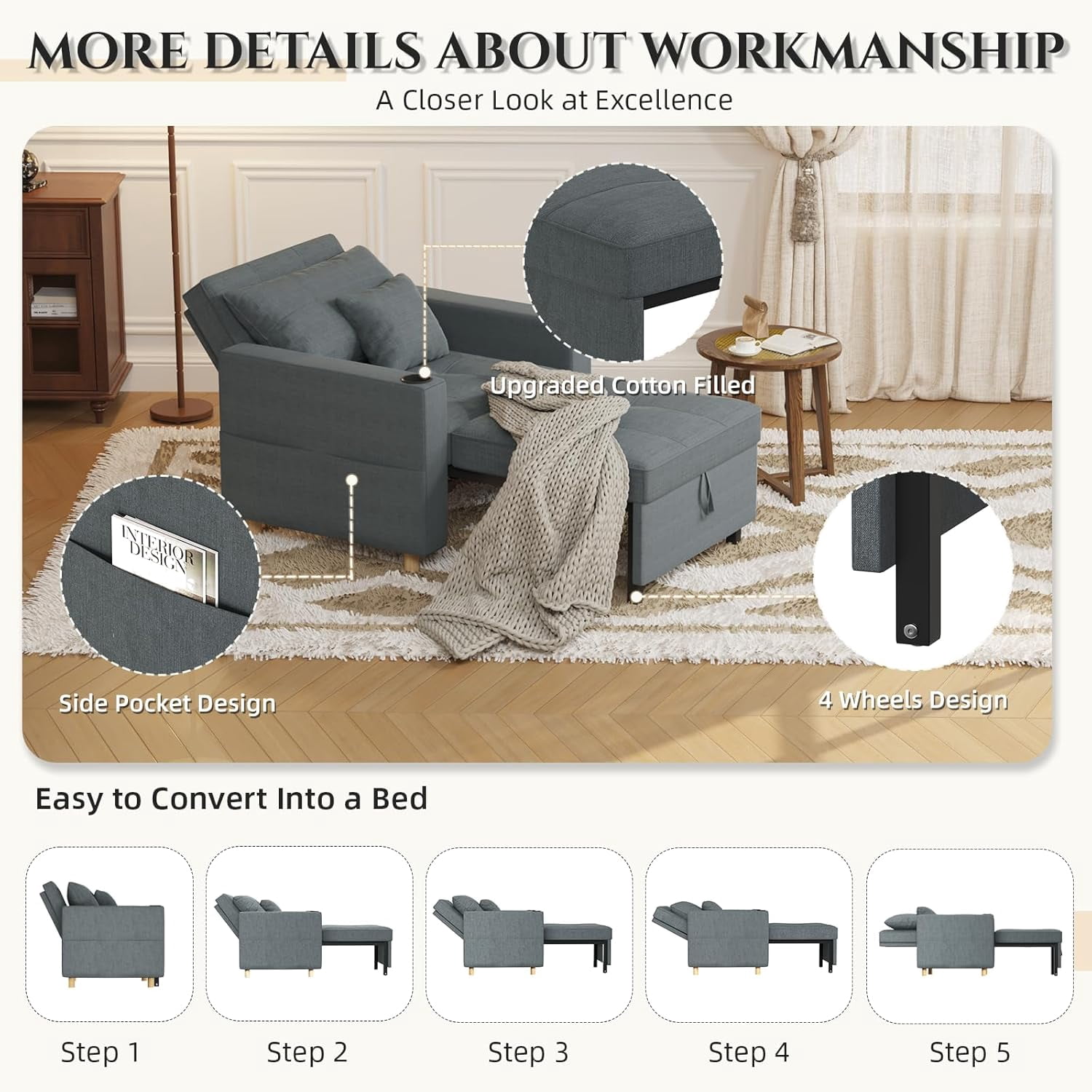AECOJOY Sofa Bed, 38" Extra-Wide 3-in-1 Convertible Pull-Out Single Sofa with Adjustable Backrest and Cup Holder, Dark Grey