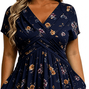CHGBMOK Vintage Floral Wrap Midi Dress Women High Waist Tummy Control Short Sleeve Pocket Flowy Sundress S-5XL Elegant Dress for Wedding Party Daily Travel