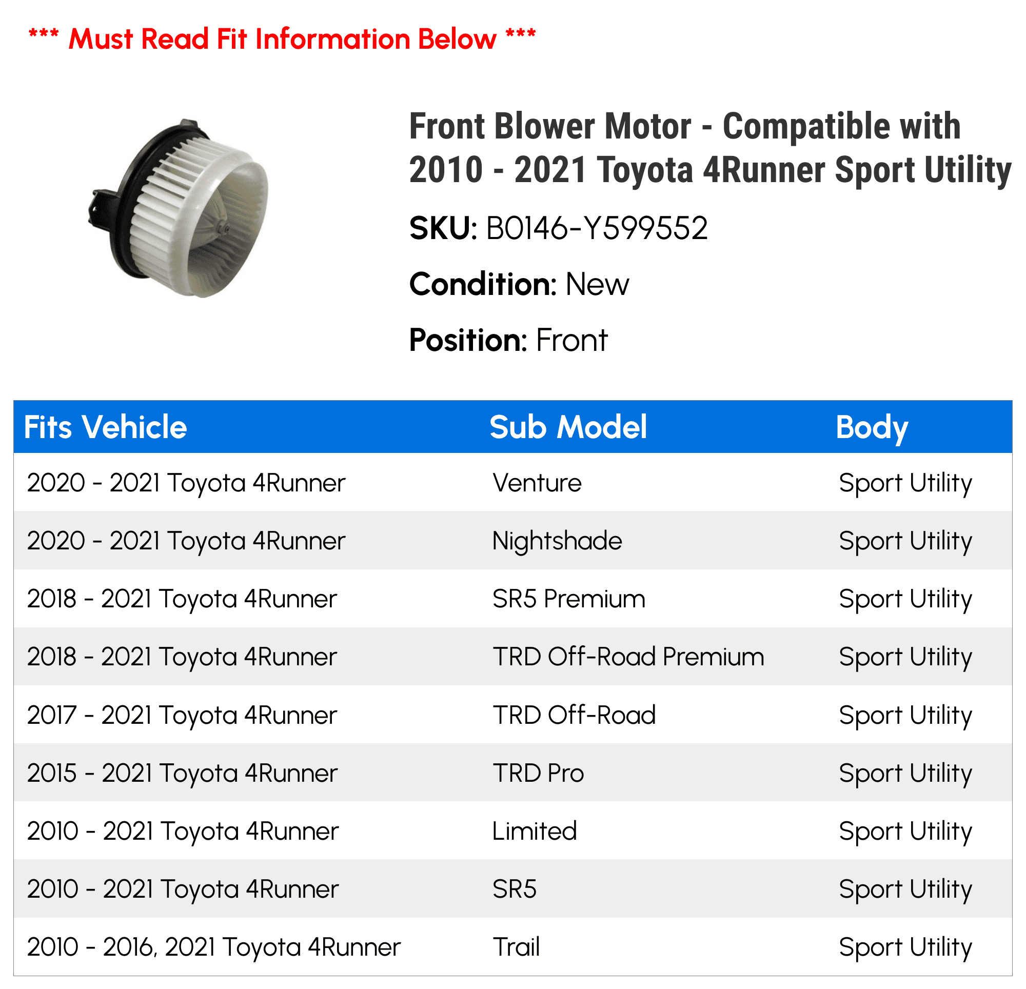 Front Blower Motor - Compatible with 2010 - 2021 Toyota 4Runner Sport Utility 2011 2012 2013 2014 2015 2016 2017 2018 2019 2020