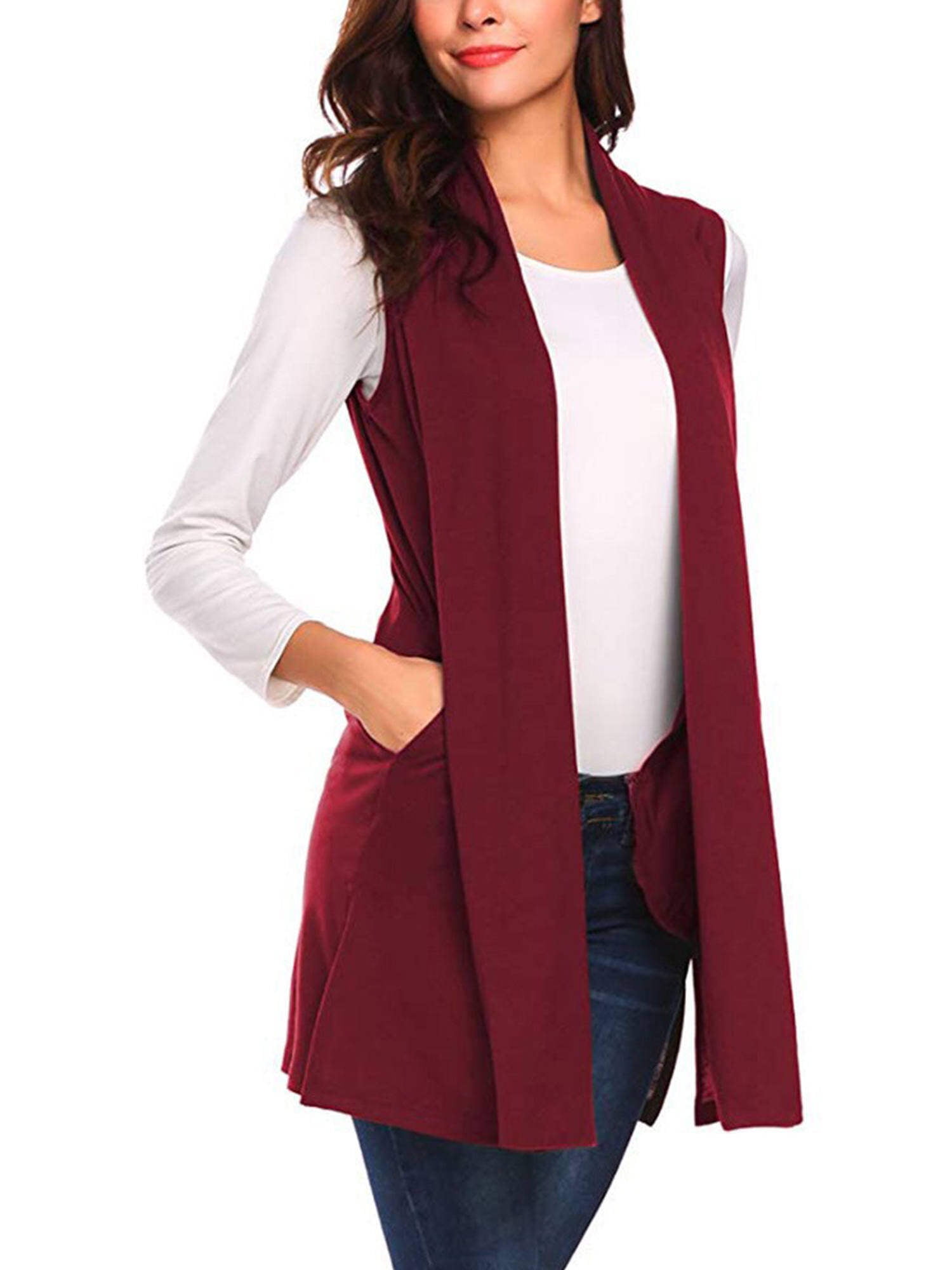 GeweYeeli Women Sleeveless Long Vest Front Open Cardigan Girl Waistcoat  with Side Pocket, Wine Red M