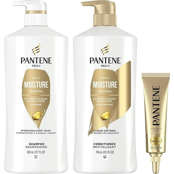 Pantene Shampoo 820 mL, Conditioner 745 mL and Hair Treatment Set 15 mL, Daily Moisture Renewal For Dry Hair, Safe For Color-Treated Hair, 1.58 L Total