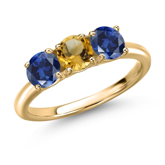 Gem Stone King 10K Yellow Gold Yellow Citrine and Blue Created Sapphire Engagement Ring for Women | 1.65 Cttw | Round 5MM | Gemstone November Birthstone | Size 7