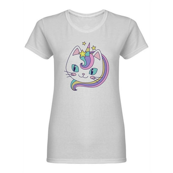 Cute Rainbow Unicorn Cat Shaped T-Shirt Women -Image by Shutterstock, Female Large