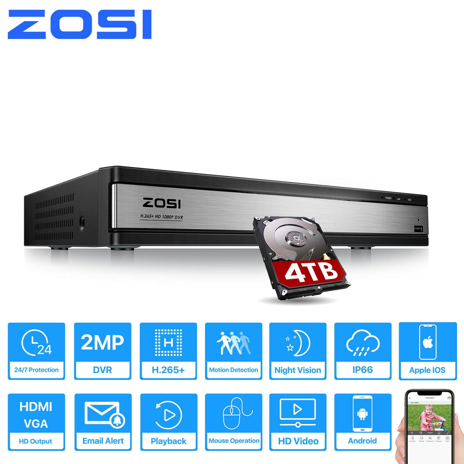 ZOSI H.265+ 16CH 1080P 4in1 HDMI TVI DVR Recorder with 4TB Hard Drive for  CCTV Security Camera System
