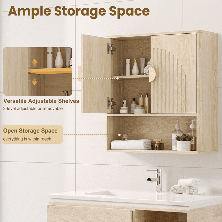 Laintene Bathroom Wall Cabinet, over the Toilet Storage Cabinet with Arched Doors & Adjustable Shelf, Wall Mounted Medicine Cabinet for Bathroom, Laundry Room, Kitchen, Living Room, Natural Oak