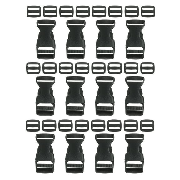 Plastic Quick Release Buckle, 12 Pack Plastic Quick Side Release Clips with 24 Pack Tri-Glide Slide Black 3/4"