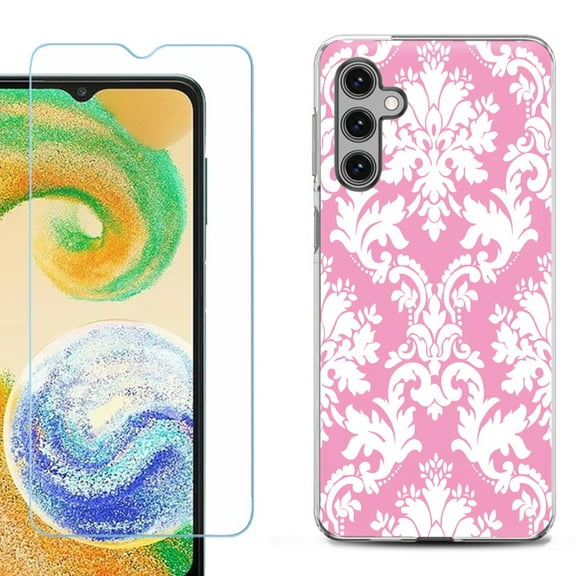 Shockproof Gel Phone Case for Samsung Galaxy A14 5G, with Tempered Glass Screen Protector, by OneToughShield ® - Victorian White/Pink