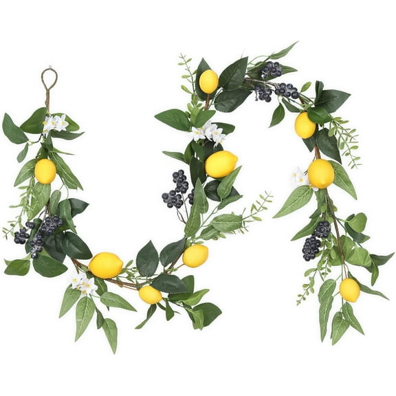 6 FT Artificial Lemon Garland for Front Door, Spring Garland with Lemons White Flowers Blueberry & Green Leaves Summer Fruit Garland for Mantel Fireplace Table, Wedding Home Party Decor