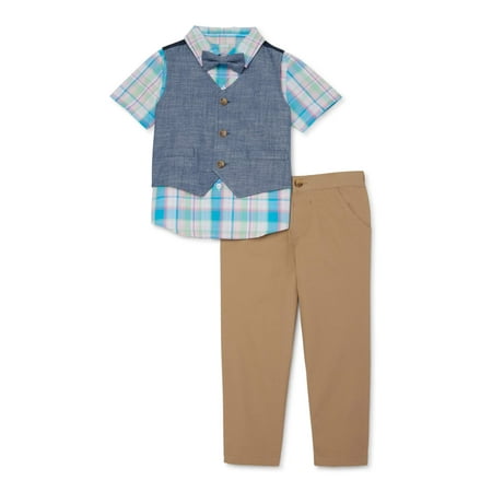Wonder Nation Baby & Toddler Boys Woven Shirt, Vest, Khaki Pants & Bowtie, 4-Piece Dressy Easter Outfit Set (Sizes NB-5T)