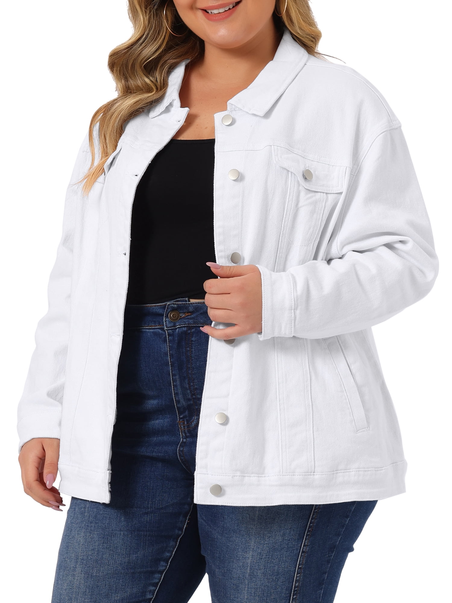 Unique Bargains Women's Plus Size Long Sleeve Button Front Washed Denim Jacket