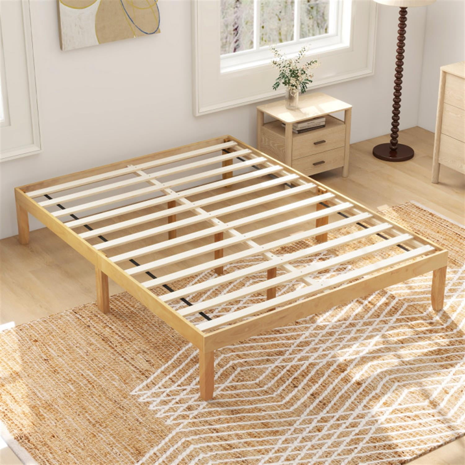 Demi Bonn Queen Size Bed Frame with Wooden Slats Support and Rubber Wood Legs, Acacia Wood Platform Bed Frame with Under Bed Storage, No Box Spring Needed, Beige