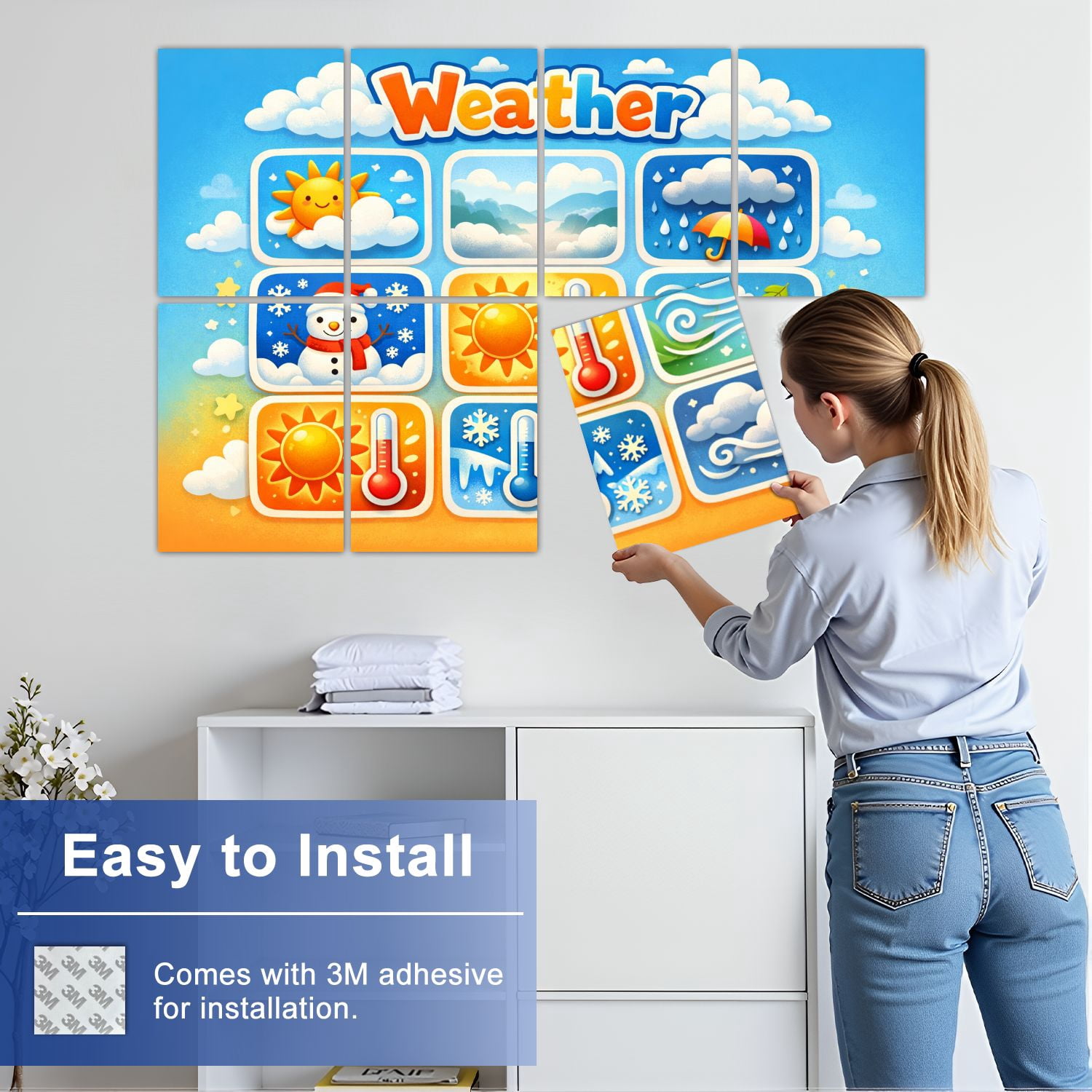 Classroom 8 Pack Art Acoustic Panels Sound Absorbing Weather Icons Sunny Snowy Cloudy Windy Illustrations Decorative Soundproof Wall Panels Self Adhesive for Nursery Kids Game Room 48"x32"