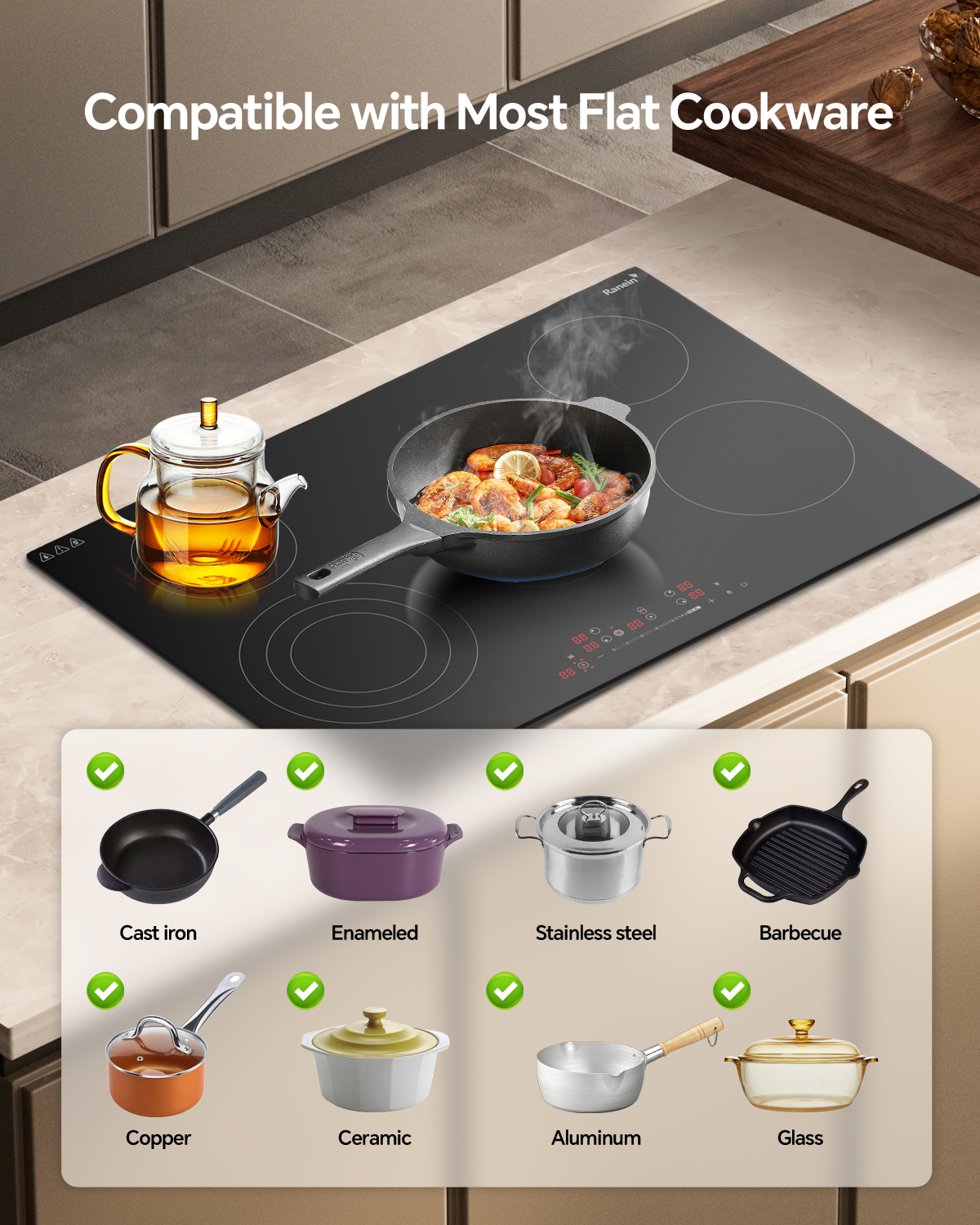 Electric Cooktop with 5 Burners, 30 inch 8800W 240V Ceramic Panel Electric Cooktop, Multiple Safety Protections Stove, Touch Screen