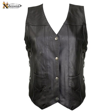 Classic Cowhide Vest - Xelement B26675 Womens Black 10 Pocket Cowhide Leather Motorcycle Vest