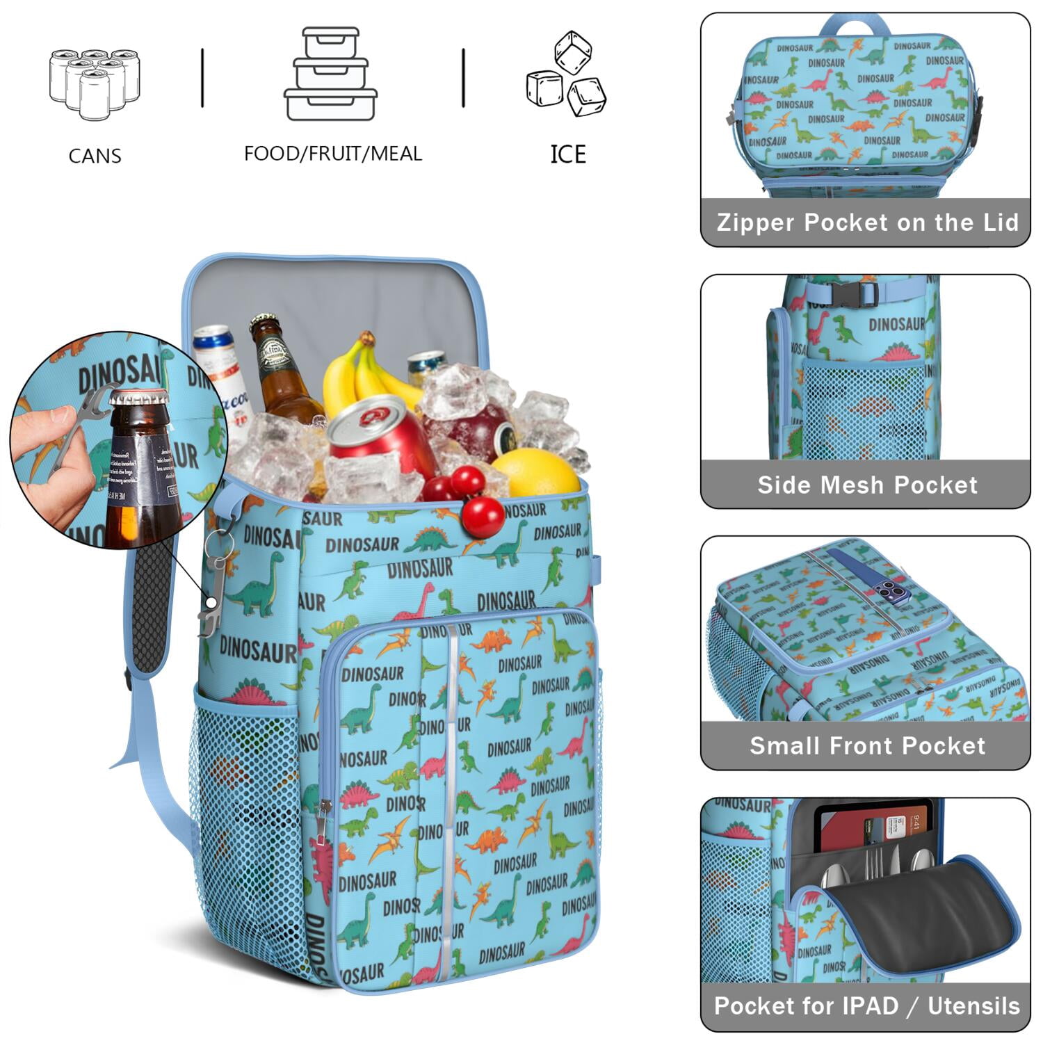 Travel Cooler Bag - Blue Cartoon Dinosaurs Repeating Pattern Camping Beer Cooler Backpack with Bottle Opener- Waterproof Insulated Picnic Backpacks - Cooler Bag for Beach