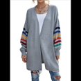 thumbnail image 3 of Cárdigan Abierto para Mujer, Suéter de Punto Holgado con Bloques de Color y Rayas, Abrigo Exterior. Gris XL, 3 of 10
