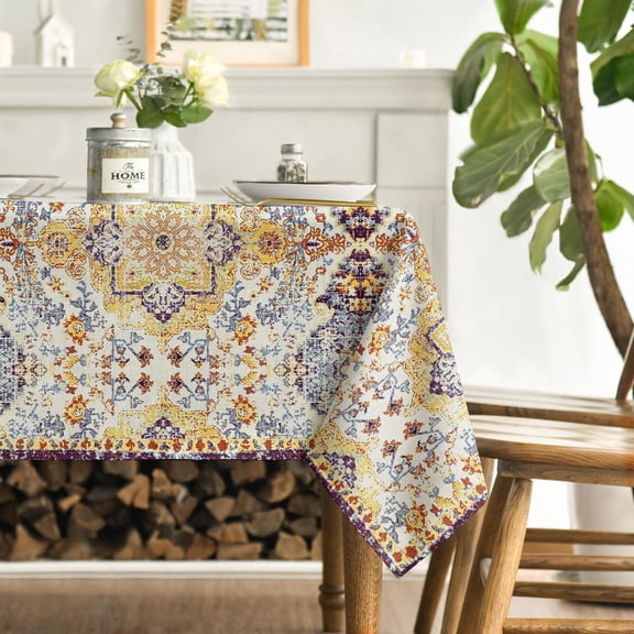 Verolix Yellow Floral Tablecloth 60 x 84 Inch Rectangle, Vintage Medallion Pattern Table Cover, Polyester Fabric Tablecloth for Dining Room Kitchen Indoor Outdoor Decor