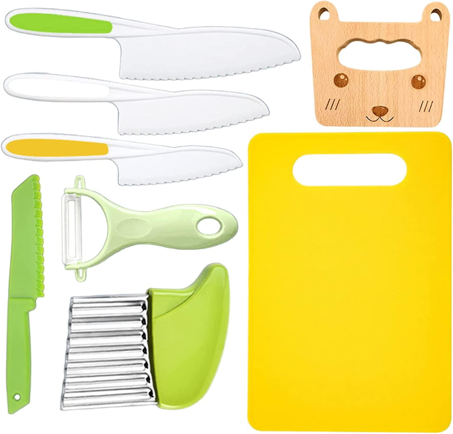 8 Pieces Kids Kitchen Knives,Kids Kitchen Set with Wooden Knife Kids Kitchen Knife with Serrated Blade for Cakes Fruits Vegetables