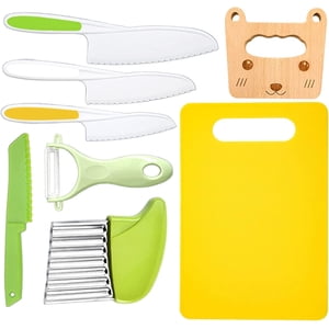 8 Pieces Kids Kitchen Knives,Kids Kitchen Set with Wooden Knife Kids Kitchen Knife with Serrated Blade for Cakes Fruits Vegetables