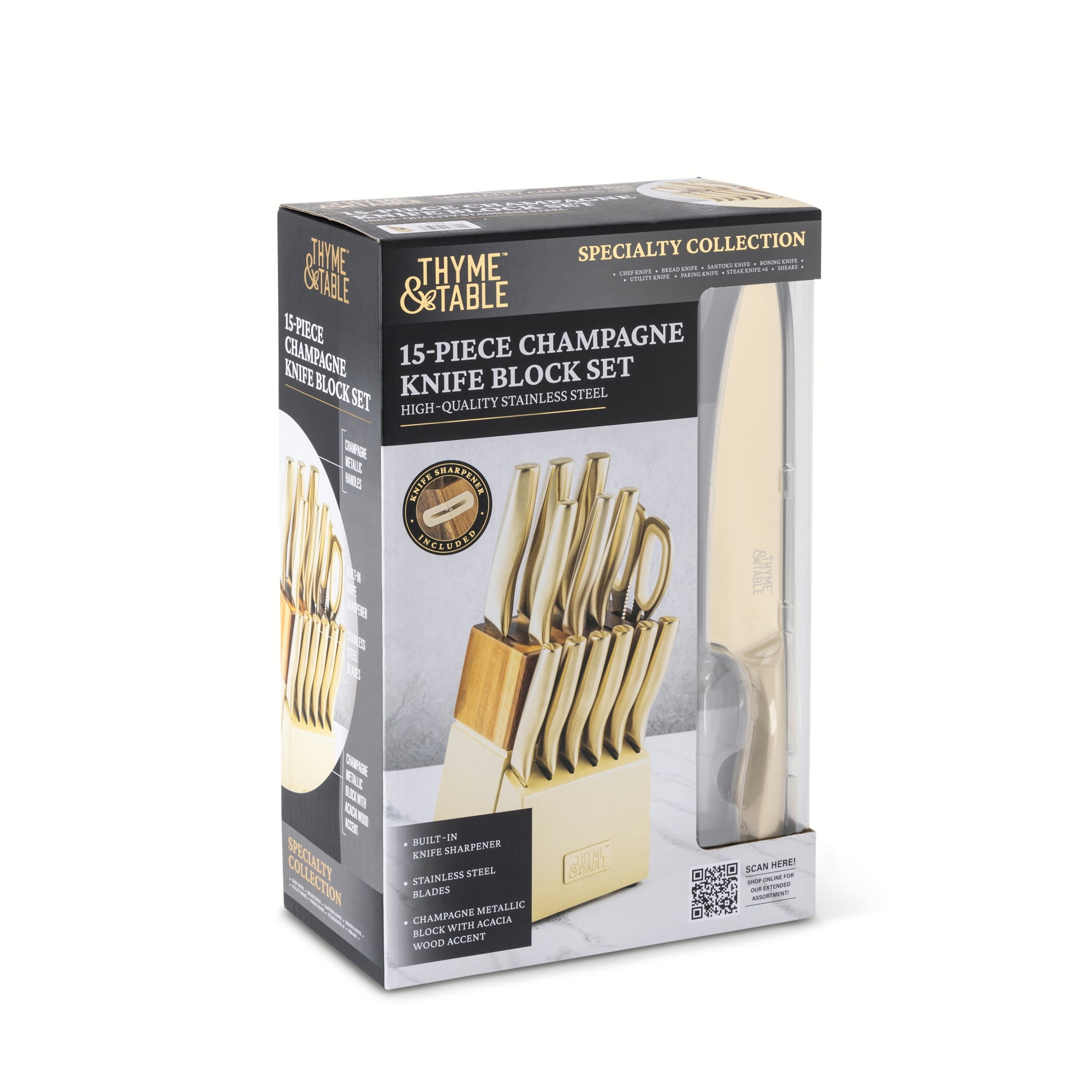 Thyme & Table 15-Piece Knife Block Set with Sharpener - Champagne
