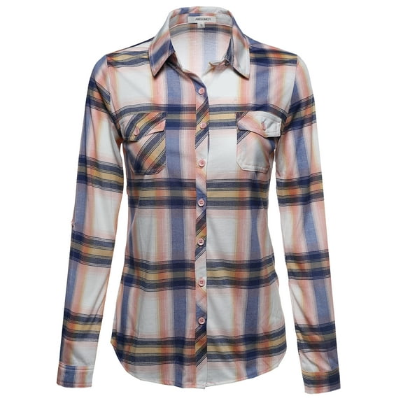FashionOutfit Women's Lightweight Collar Plaid Button Down Shirt