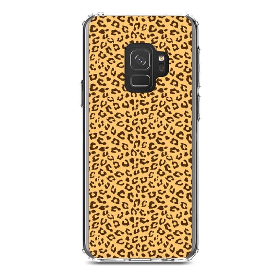 DistinctInk Clear Shockproof Hybrid Case for Samsung Galaxy S9 (5.8" Screen) - TPU Bumper, Acrylic Back, Tempered Glass Screen Protector - Beige Tan Brown Cheetah Skin Spots