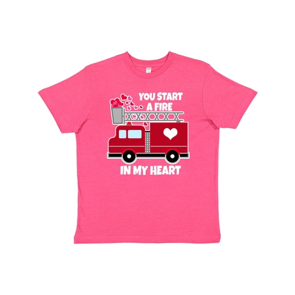 Inktastic Valentine Fire Truck White and Pink Hearts Youth T-Shirt