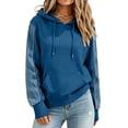 thumbnail image 2 of Denim Patchwork Hoodies for Women Loose Hooded Drawstring Pullover Sweatshirt Fall Long Sleeve Casual Tops with Pockets, 2 of 5