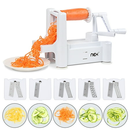 - NEX Spiralizer 5-Blade Vegetable Slicer, Strongest Heaviest Duty Kitchen Tools Veggie Spaghetti Pasta Salad Maker for Healthy Low Carb/Paleo/Gluten-Free Meals with Cleaning Brush (NX-E002)