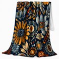 thumbnail image 2 of Blue Floral Bird Pattern with Orange Daisy Blooms, Folk Art Cozy Flannel Blanket, Home Decor for Bird Lovers, Bedroom and Sunroom, Housewarming Gift, Vintage Garden Scene, 2 of 8