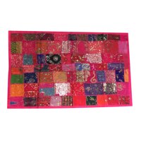 Mogul Indian Pink, Purple, Orange, Mauve, Green And Gold Ethnic Decorative Tapestry Patchwork Sequin Vintage Wall Hanging