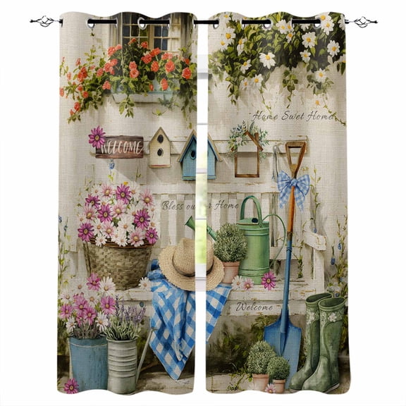 Spring Daisy Black Out Curtains 54 Inch Long, Short Curtains for Small Window, Flowers Farmhouse Leaves Floral Pots Country Retro Room Darkening Window Curtains for Kitchen Bedroom 42"x54" 2 Panels
