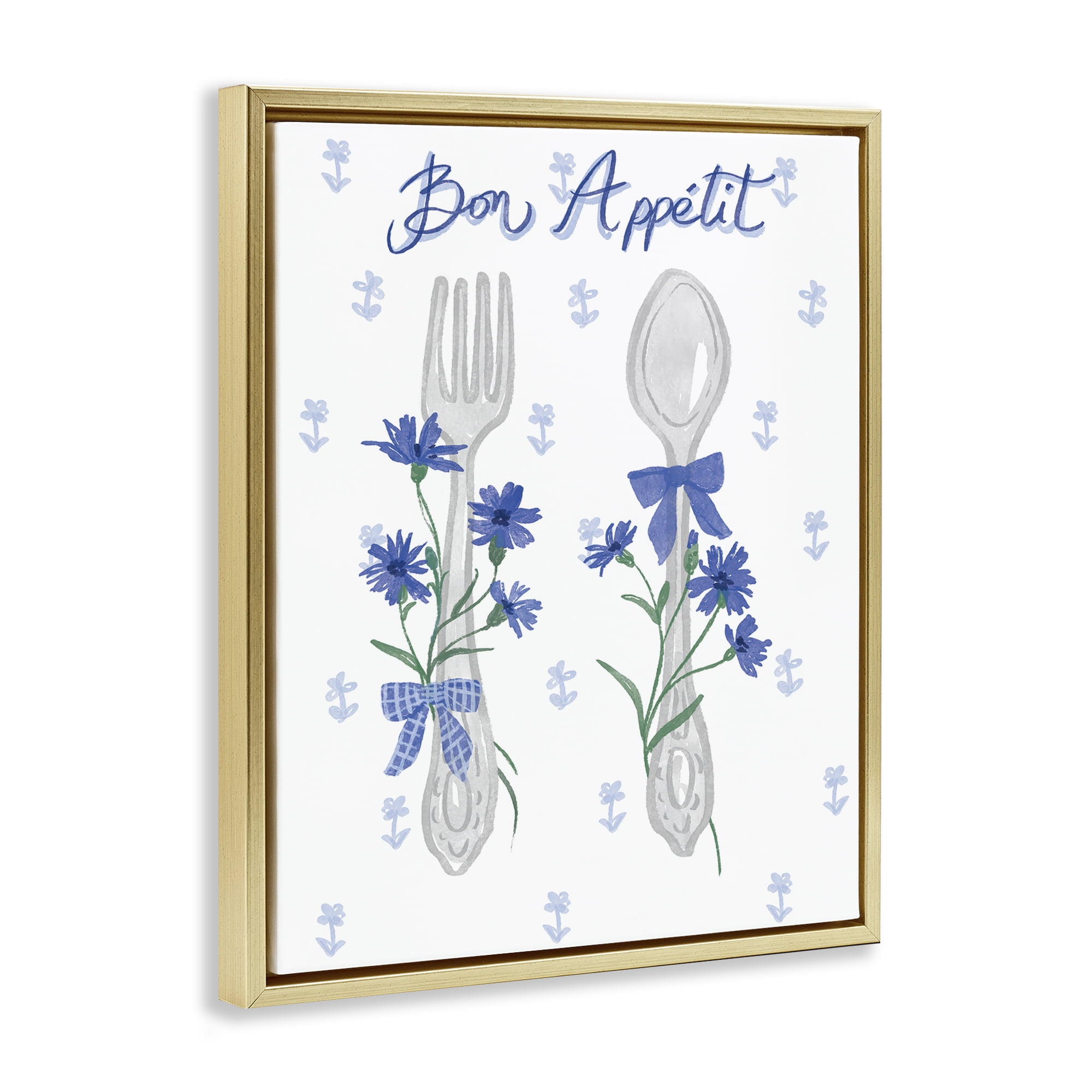 Stupell Industries Bon Appetit Floral Silverware Food & Beverage Painting Gold Floater Framed Canvas Art Print Wall Art, 17 x 21