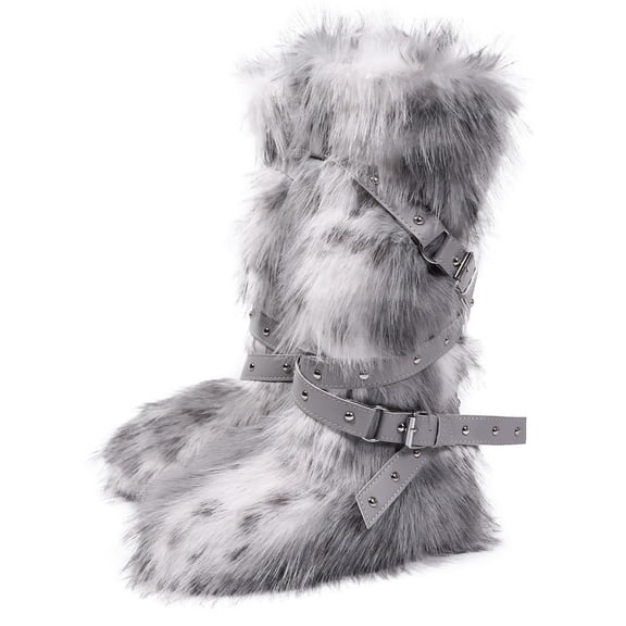 SACFOF Women Knee High Furry Faux Fur Boots Fuzzy Fluffy Round Toe Anti Slip Suede Winter Warm Snow Long Boots