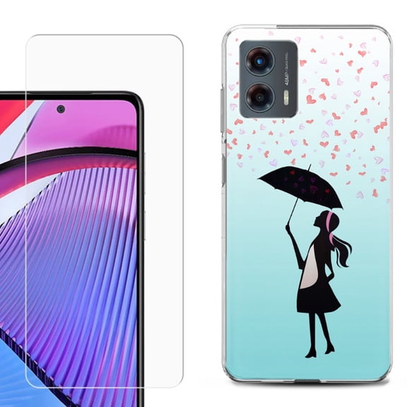 OneToughShield ® Compatible with Motorola Moto G 5G 2023, Shockproof Phone Case, with Tempered Glass Screen Protector - Rain/Hearts