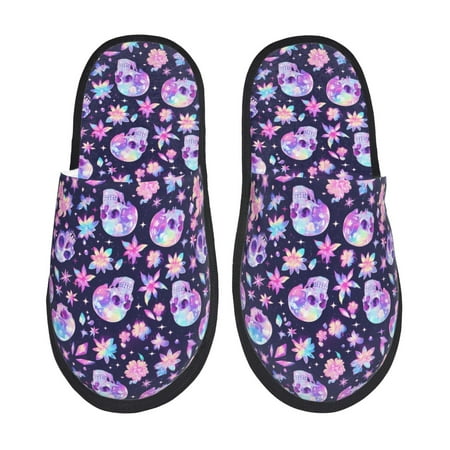 Balery crystal Skull flower cool Slient Indoor Furry Fleece Comfort House Shoes Soft Non-Slip Home Shoes Cotton slippers House Slippers-- Large