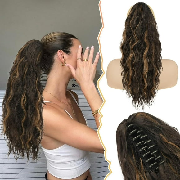 shiyou-Highlight Ponytail Extension - 18 Inch Claw Clip Ponytail Extensions for Women - Curly Wavy Multi Layered Synthetic Clip in Pony Tail Hairpieces Daily - Dark Brown with Highlights