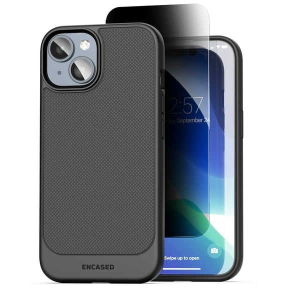 Encased Thin Armor Designed for iPhone 15 Privacy Case, Slim Grip Case with Tempered Glass Privacy Screen Protector (Black)
