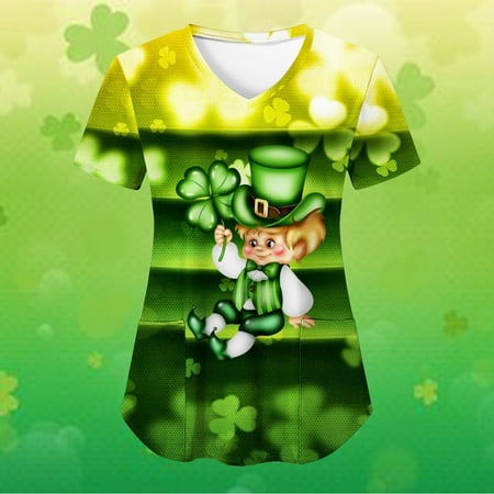

St. Patrick s Day Scrub_Tops for Womens Funny Clover Printed Nurse Working Uniform Short Sleeve V Neck Tees with Pockets