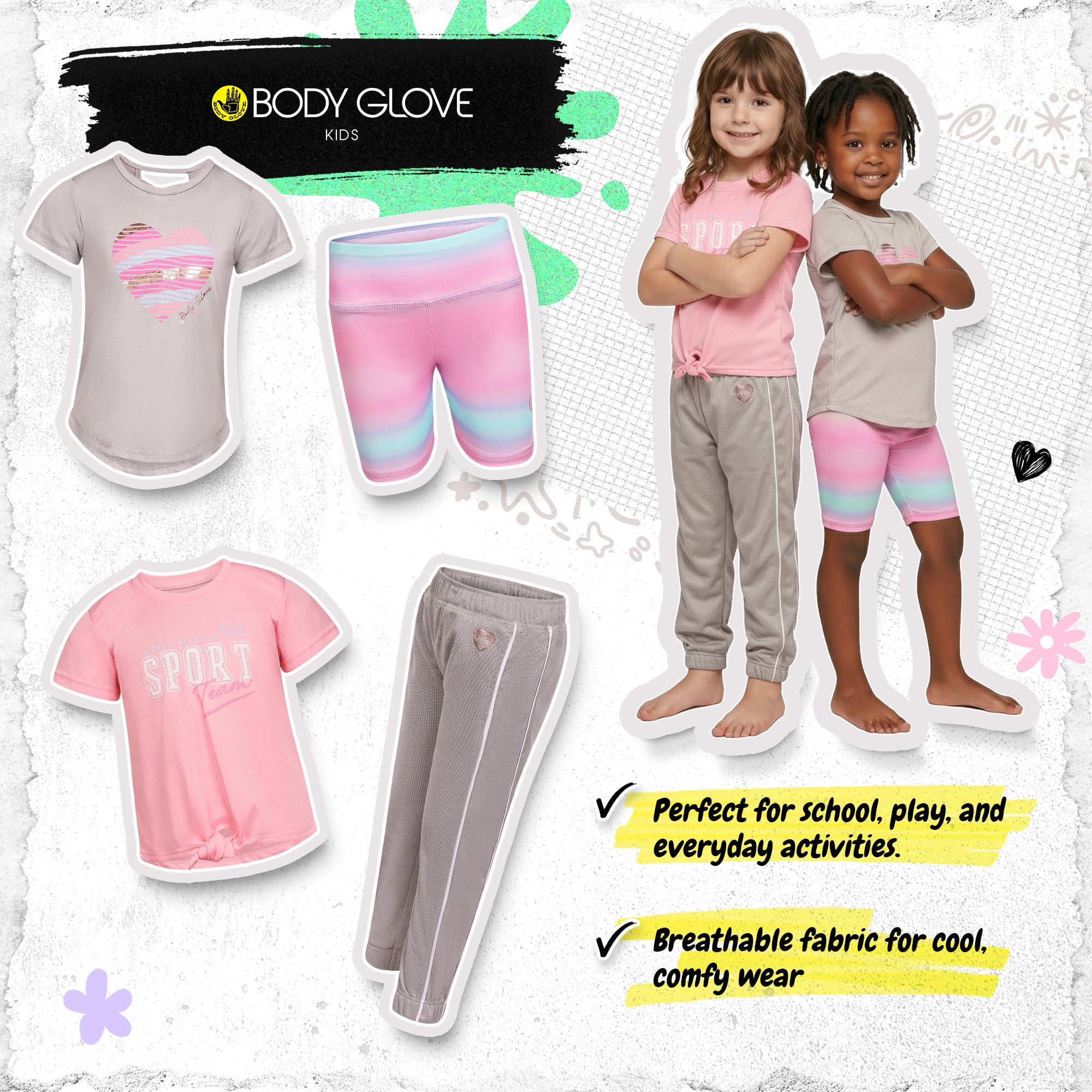 Body Glove Clothes Girls’ 4-Piece Active Outfit Set – Includes 2 Graphic Tees, Jogger Pants & Shorts, Comfortable Everyday Clothing for Toddler to Big Girls Sizes (2T-12)