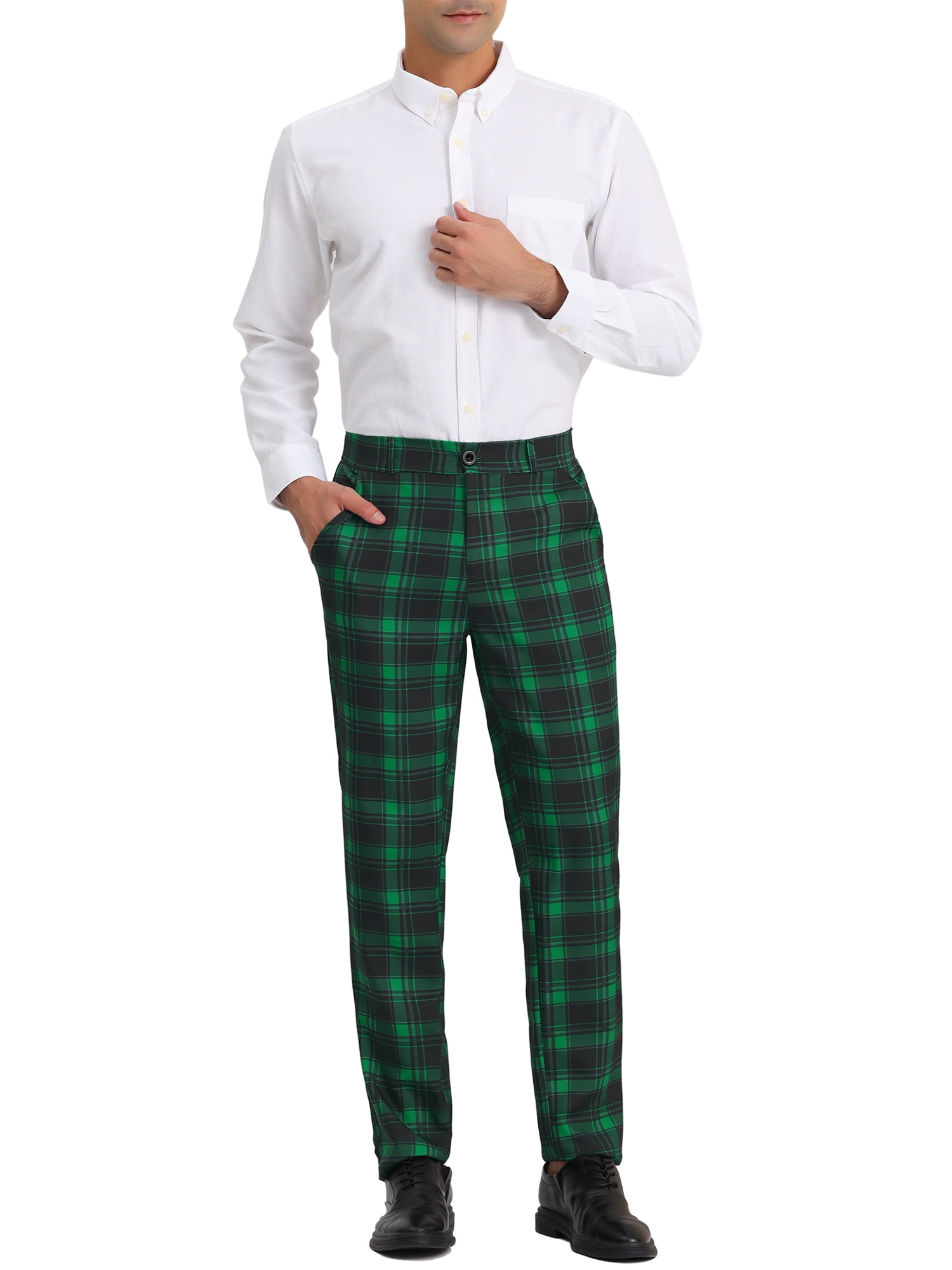 Unique Bargains Men's Checked Suit Pants Flat Front Elastic Waist Plaid Pants 32 Green