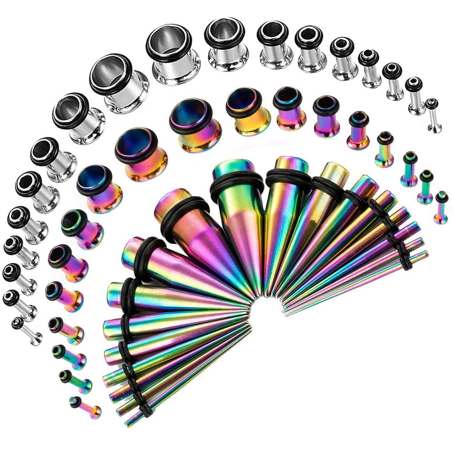 Gauges Kit 54 Pieces Rainbow Steel Tapers & Tunnels Clear Plugs 14G 12G 10G  8G 6G 4G 2G 0G 00G