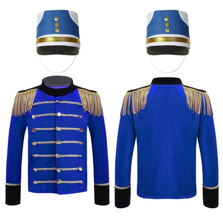 renvena Kids Boys Honor Guard Team Performance Outfit Long Sleeve Tassels Epaulets Top and Hat Costume