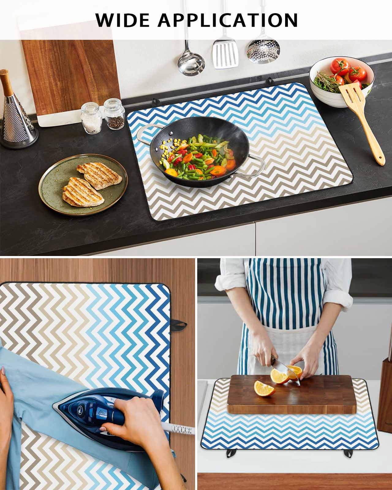 nqOlkjepod Large Induction Cooktop Protector Mat 36"x21", Blue Brown Stove Top Covers for Electric Stove, Modern Chevron Waves Khaki Geometric Stripes Stove Burner Cover Mats, Glass Top Stove Cover