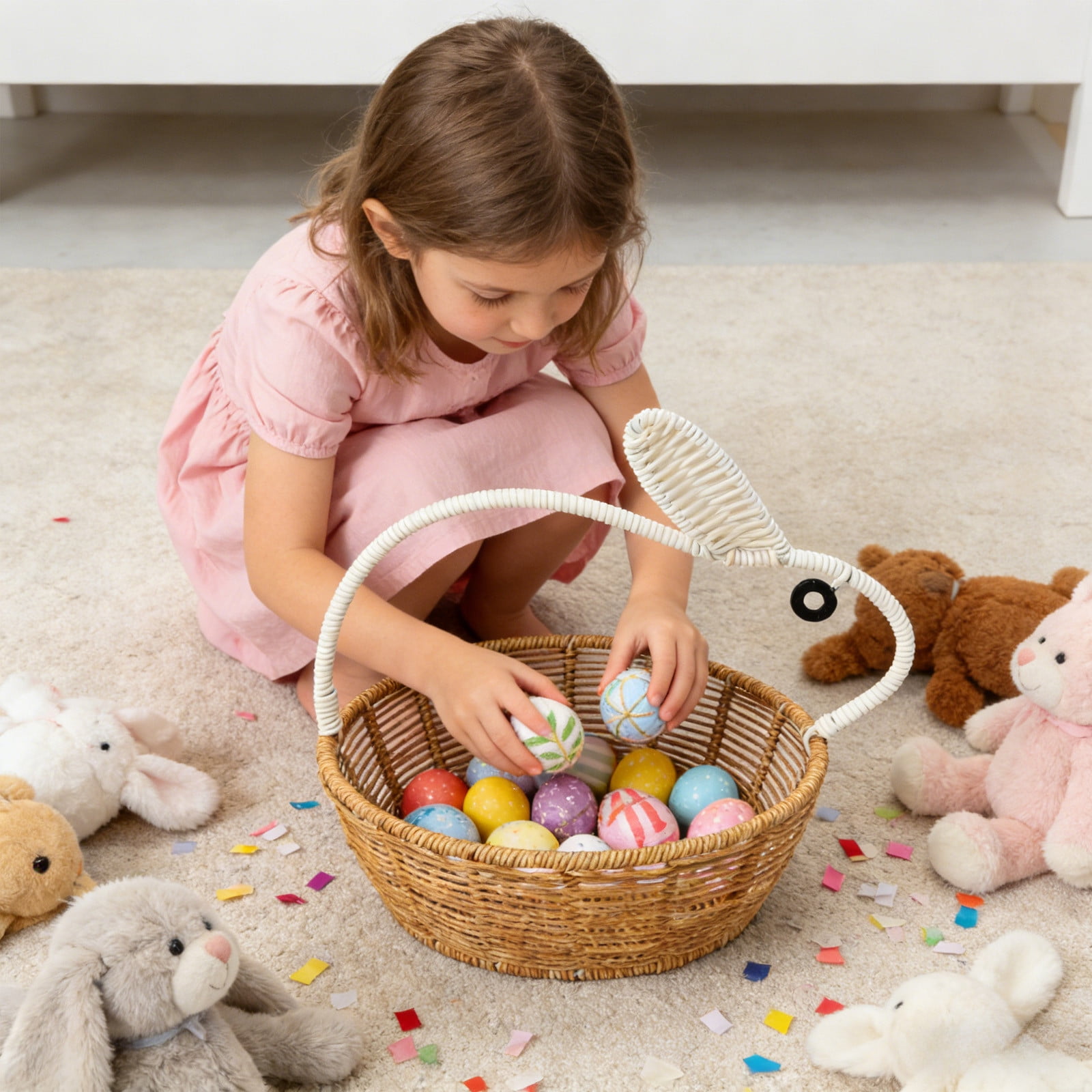 Easter Woven Basket & Woven Rabbit - Woven Baskets for Storage, Handheld Plastic Storage Basket with Chicken & Egg Decor, Spring Gift Basket, Flower Holder, Home Decorative Organizer